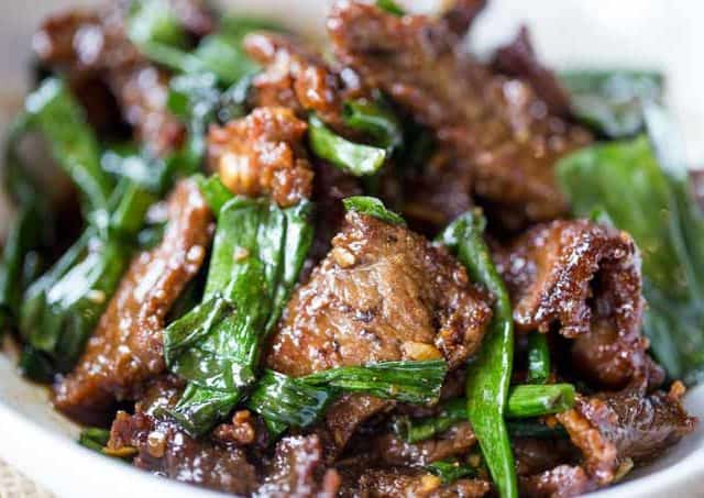 Mongolian style Beef close up, in bowl