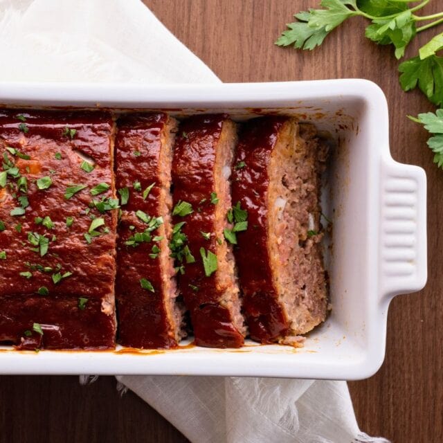 Aerial view of slices in baking dish