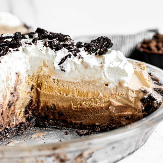 Frozen Mud Pie in pie dish with slice removed