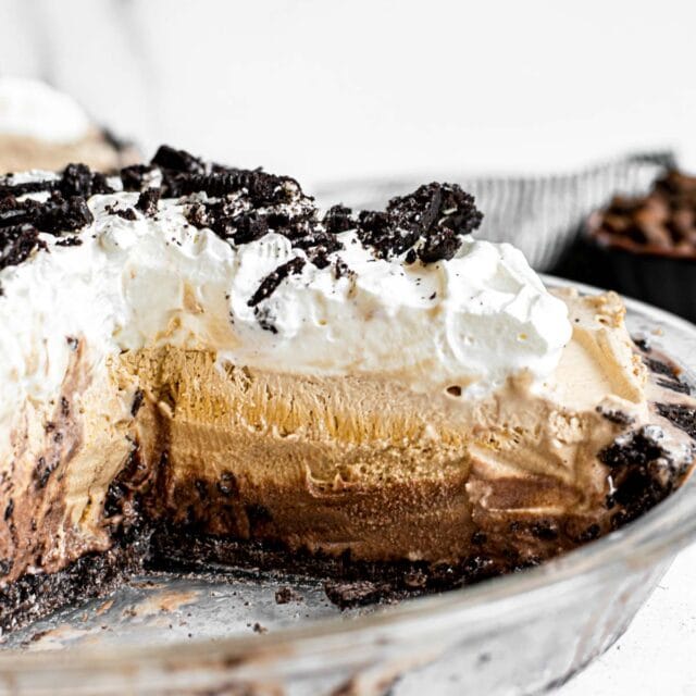 Frozen Mud Pie in pie dish with slice removed