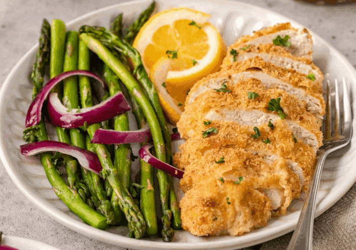 Served on plate with green beans