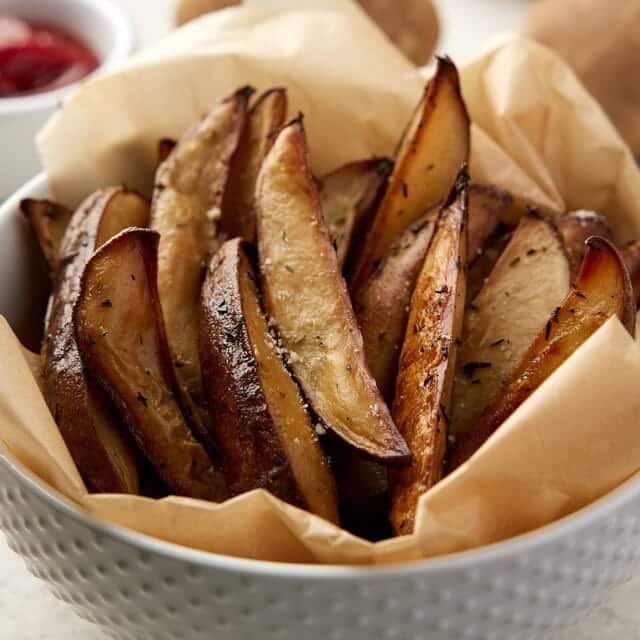 Grilled potatoes in bowl.