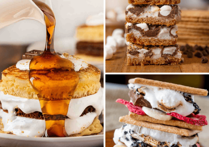 3 image grid with smores pancakes, bars, and banana split smores.