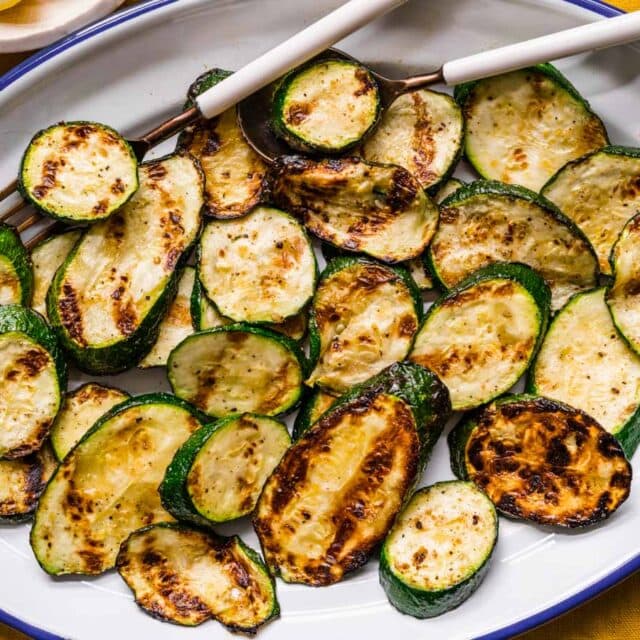 Grilled squash on serving dish.
