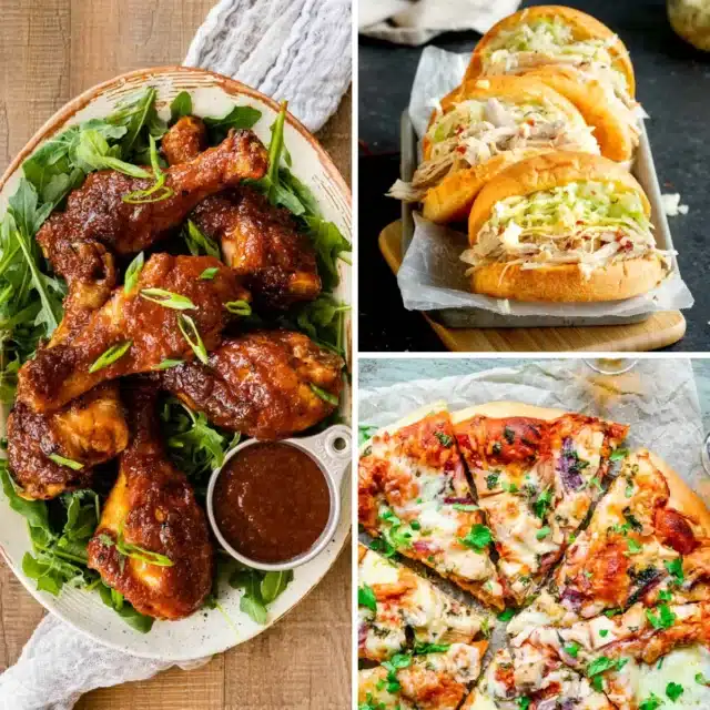 3 bbq chicken recipe grid with drumsticks, sandwiches and pizza