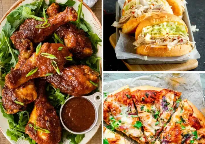 3 bbq chicken recipe grid with drumsticks, sandwiches and pizza