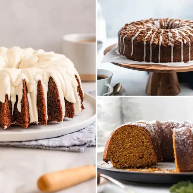 3 image collage with banana bundt cake, coffee bundt cake, and gingerbread bundt cake