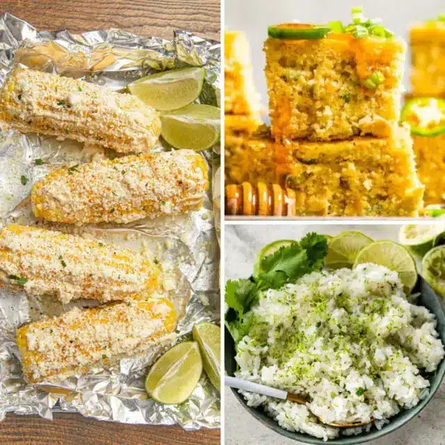 3-image collage of Mexican sides featuring corn recipes and rice