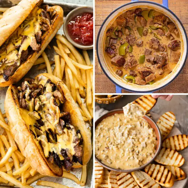 3-images collage of Philly Cheesesteak sandwiches, soup, and dip